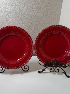 Bordallo Pinheiro Rua Nova Red Dinner Plates 11" Portugal Majolica READ Pair / 2